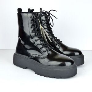 Zara Combat Boots Womens 39 8 Black Patent Lace Up Lug Sole Platform Goth Grunge